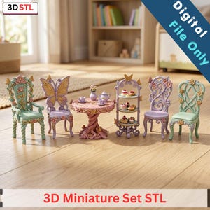 Paquete de muebles en miniatura para jardín encantado (archivos STL) / Conjunto de decoración para salón de té de hadas / Colección para casa de muñecas de ensueño / Archivos para impresión 3D