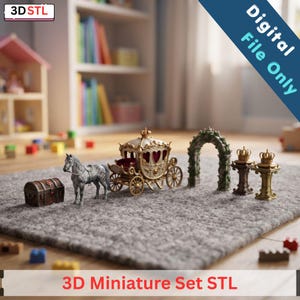May include: A 3D miniature set STL featuring a grey horse, a gold and white carriage with heart-shaped windows, a stone-like archway covered in vines, two gold crowns on pedestals, and a brown treasure chest. Text reads 3D STL and Digital File Only.