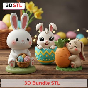 Puede incluir: Figuras con temática de Pascua con conejos blancos, huevos coloridos y una gran zanahoria naranja. Un conejo sostiene una cesta de huevos, otro emerge de un huevo decorado y el tercero abraza una zanahoria. El texto "3D STL" y "3D Bundle STL" es visible.