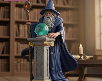 Puede incluir: Una figura de mago con una túnica azul oscuro con patrones de estrellas plateadas y un sombrero puntiagudo a juego. El mago tiene una larga barba blanca, sostiene un bastón de madera con una gema ámbar y está detrás de un pedestal de piedra.