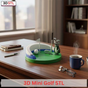 Puede incluir: Un juego de minigolf con una superficie verde para el putt, una pelota de golf blanca y una pequeña bandera. El juego incluye un palo de golf y una bolsa de golf. El texto "3D Mini Golf STL" se muestra en la parte inferior de la imagen.