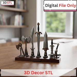 May include: A collection of miniature metal weapons, including swords and axes, displayed on a dark wooden stand. The image includes the text "Digital File Only" and "3D Decor STL".