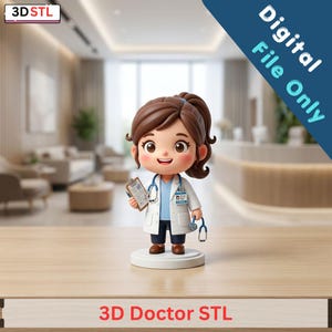 May include: A figurine of a female doctor, holding a clipboard and stethoscope, wearing a white coat and blue scrubs. The figurine is on a white base. Text on the image reads "Digital File Only" and "3D Doctor STL".