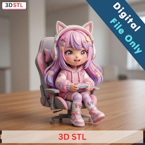 May include: A 3D STL digital file of a chibi-style character with long pink and purple hair, wearing cat-ear headphones, a pink hoodie, and striped socks, sitting in a pink and gray gaming chair while holding a small handheld game controller.