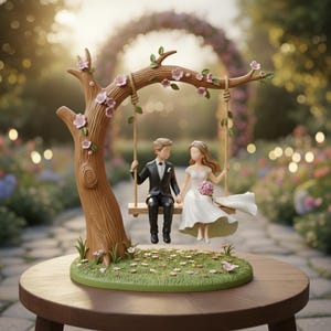 May include: A wedding cake topper depicting a couple on a swing. The groom is in a black tuxedo, and the bride wears a white dress and holds a pink bouquet. The swing hangs from a tree adorned with pink blossoms.