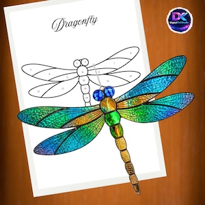 May include: A colorful dragonfly ornament with blue, green, and gold wings is displayed over a line drawing of a dragonfly. The word "Dragonfly" is written in cursive at the top of the page. The dragonfly has a beaded body and is hanging from a silver chain.