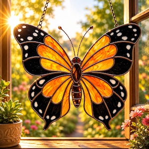 Könnte beinhalten: Buntglas-Schmetterling-Fensterbild mit schwarzen und orangefarbenen Flügeln, weißen Punkten und einem braunen Körper. Der Schmetterling hängt vor einem Fenster an einer Kette. Der Hintergrund ist ein verschwommener Garten.