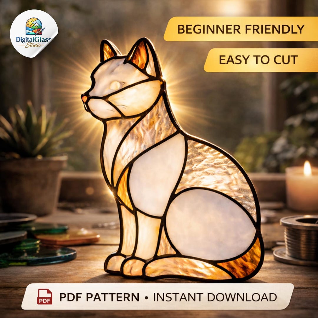 Cat Stained Glass Pattern, Animal Suncatcher Template, DIY Stained ...