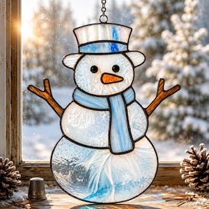 Modèle PDF de vitrail de bonhomme de neige de Noël, modèle d'attrape-soleil d'hiver, modèle d'art en verre de Style Tiffany, imprimable, téléchargement immédiat
