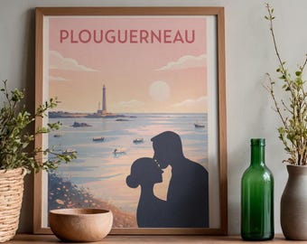 Vintage poster of Plouguerneau – Romantic illustration of Brittany – Lighthouse in Finistère – Seaside wall decoration