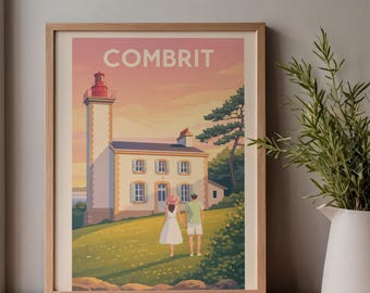 Combrit Poster – Sainte-Marine Lighthouse | Vintage Brittany Poster | Valentine's Day Gift for Couples | Printed in Brittany A3