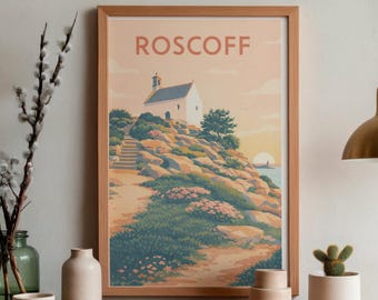 Vintage poster Roscoff – Sainte-Barbe Chapel – Retro illustration of Brittany – Seaside wall decoration