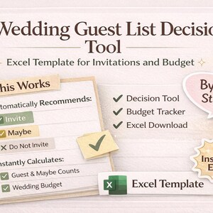 May include: A digital wedding guest list decision tool, an Excel template for invitations and budget. The image shows a notepad with a gold paperclip, checkmarks, and the text "Invite", "Maybe", and "Do Not Invite". Includes a speech bubble that says "Bye, Stress!"