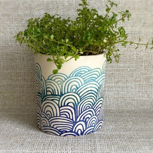 May include: A white ceramic planter with a blue and green wave pattern. The planter is filled with a green leafy plant.