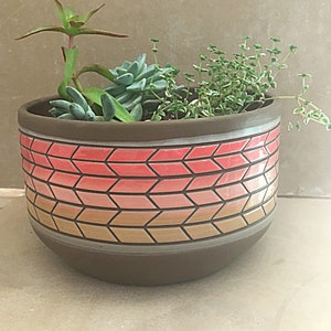 May include: A terracotta planter with a geometric pattern in shades of pink and brown. The planter is filled with a variety of succulents and small green plants.