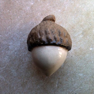 May include: A ceramic acorn figurine with a brown cap and a white body.