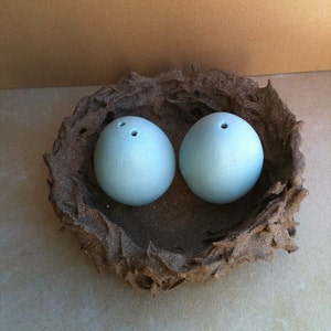 May include: Two light blue ceramic salt and pepper shakers shaped like eggs in a brown ceramic nest.