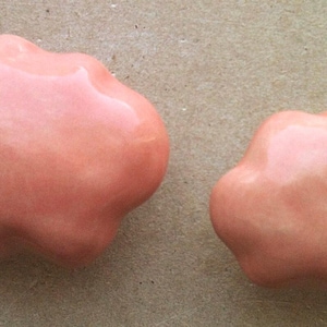 May include: Two peach-coloured ceramic knobs with a smooth, glossy finish. The knobs have a unique, irregular shape with five rounded points.