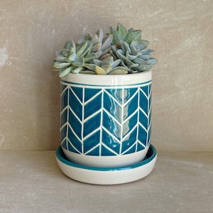 Può includere: Vaso in ceramica color teal con motivo a chevron bianco e sottovaso bianco. Il vaso è pieno di piante grasse verdi.