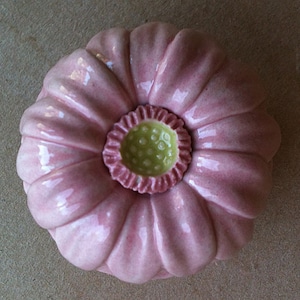May include: A pink ceramic flower with a green and yellow centre. The flower has a glossy finish and is a decorative object.