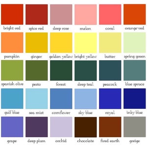 May include: A color chart with 48 different color swatches, each labeled with a name. The colors range from deep red to stormy gray.