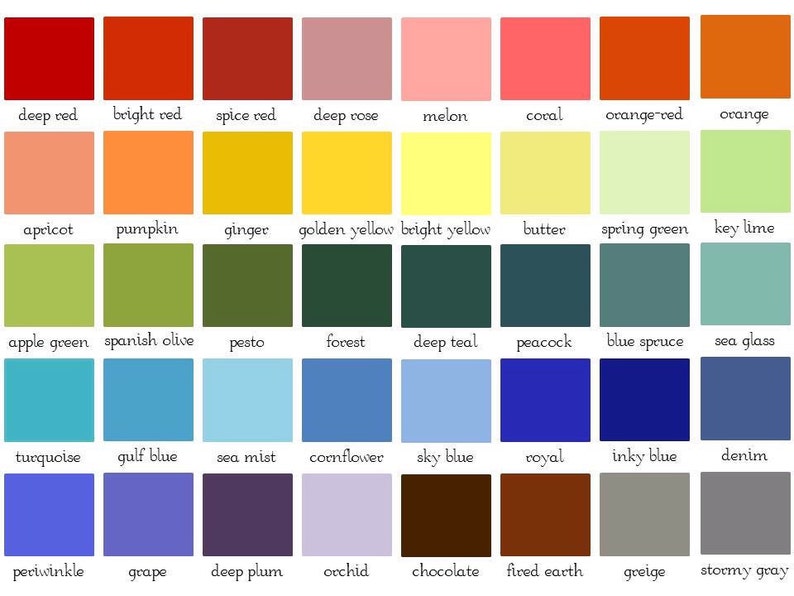 May include: A color chart with 48 different color swatches, each labeled with a name. The colors range from deep red to stormy gray.