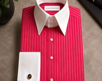 Camicia elegante da uomo in popeline di cotone a righe rosse e blu / Collo alto a 3 bottoni con polsini alla francese
