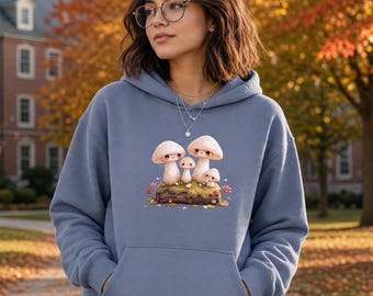 Kawaii Mushroom Hoodie, Cute Mushroom Lover Gift, Cottagecore Forager Sweatshirt, Unisex Garment-Dyed Hoodie