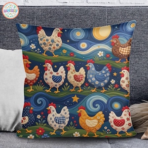May include: A square throw pillow featuring a vibrant, swirling night sky background with a yellow moon and stars. The design displays multiple chickens in various colors and patterns, including floral and checkered prints, standing on green hills.