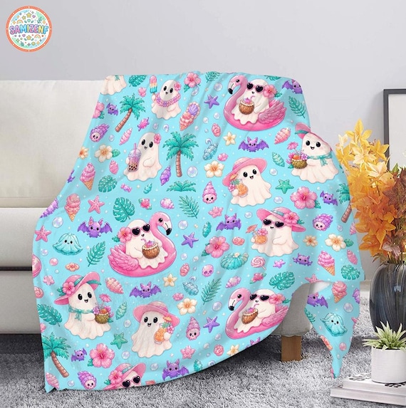 Summerween Ghost Blanket, Tropical Halloween Throw Blanket, Cute Ghost Flamingo Blanket, Spooky Summer Beach Blanket, Halloween In July Gift