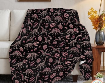 Pink Dinosaur Skeleton Blanket, Retro Dino Fossil Throw, Pastel Goth Prehistoric Fleece Blanket, Cozy Decor