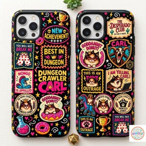 May include: Two black smartphone cases featuring a vibrant collage of Dungeon Crawler Carl graphics, including text like New Achievement, Best in Dungeon, and Princess Donut, alongside illustrations of a cat, a dinosaur, and a golden trophy.
