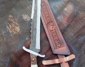 Hand Forged Carbon Steel Machete Knife, Engraved Rosewood Handle, Bushcraft Bowie Sheath