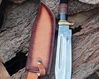 Handgemaakt roestvrijstalen mes | Echt leren handvat en schede, outdoor campingmes