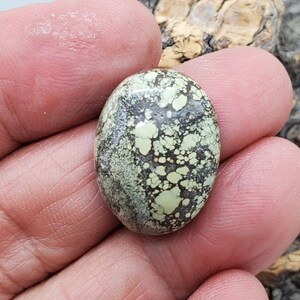 May include: A green and black oval cabochon gemstone with a speckled pattern. The stone is set in a silver ring.