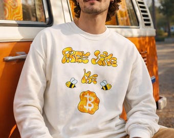 Sudadera Free Like The Bee | Diseño Bitcoin Honey | Ropa urbana cripto | Sudadera BTC | Cuello redondo Satoshi | Regalo Bitcoin