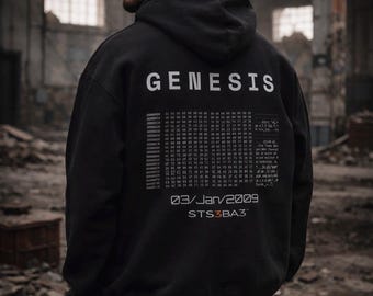 Sudadera con capucha Bitcoin Genesis negra | Sudadera estilo urbano cripto | Sudadera con capucha Bitcoin | Satoshi Nakamoto | Web3 Clothing | STS3BA3 | Ropa Bitcoin