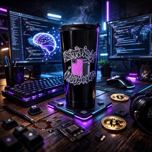 Puede incluir: Un termo negro con las palabras "Artistic Intelligence" en estilo grafiti, con un gráfico de cerebro rosa. El termo está sobre una base cuadrada brillante, con un teclado, monitores de computadora y monedas Bitcoin en el fondo.