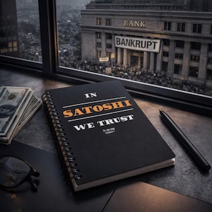 Op de afbeelding: Een zwart spiraalgebonden notitieboek met de tekst "IN SATOSHI WE TRUST" in witte en oranje letters. Een stapel Amerikaanse honderd dollar biljetten en een zwarte pen liggen naast het notitieboek. De achtergrond toont een stadsgezicht met een gebouw met het woord "BANKRUPT".