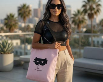 Bolso tote rosa con máscara de Bitcoin | Bolso de lona Satoshi Nakamoto STS3BA3 16x16 | Bolso BTC | Diseño minimalista cripto