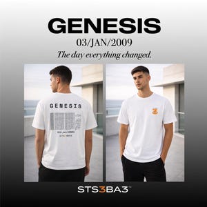 May include: White t-shirts with the word "GENESIS" printed on the back and a small orange graphic on the front. The text "03/JAN/2009 The day everything changed" is above the shirts. The bottom of the image has the text "STS3BA3".