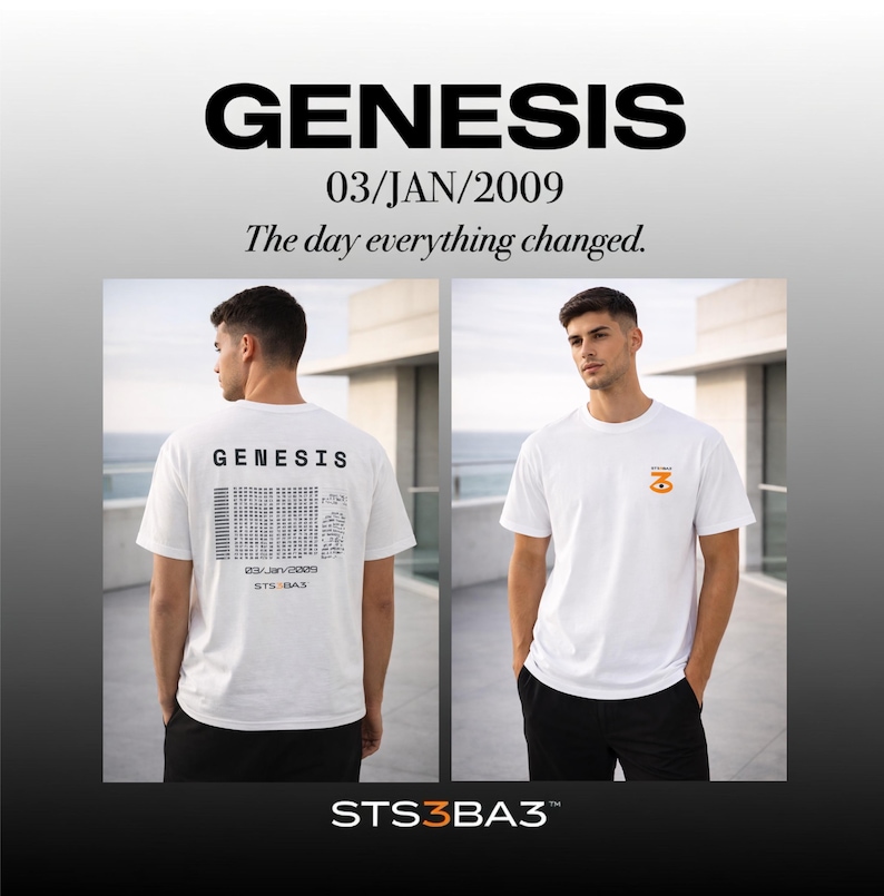 May include: White t-shirts with the word "GENESIS" printed on the back and a small orange graphic on the front. The text "03/JAN/2009 The day everything changed" is above the shirts. The bottom of the image has the text "STS3BA3".