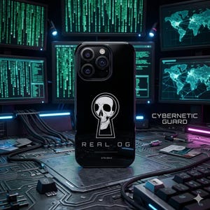 May include: Black smartphone case featuring a white skull design within a keyhole shape. The case has the text "REAL OG" and "CYBERNETIC GUARD". The background shows computer monitors with green code and world maps.