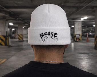 Embroidered Broke Beanie Hat | Streetwear Beanie | Minimalist Embroidered Beanie | Winter Street Style Hat | Unisex Hat