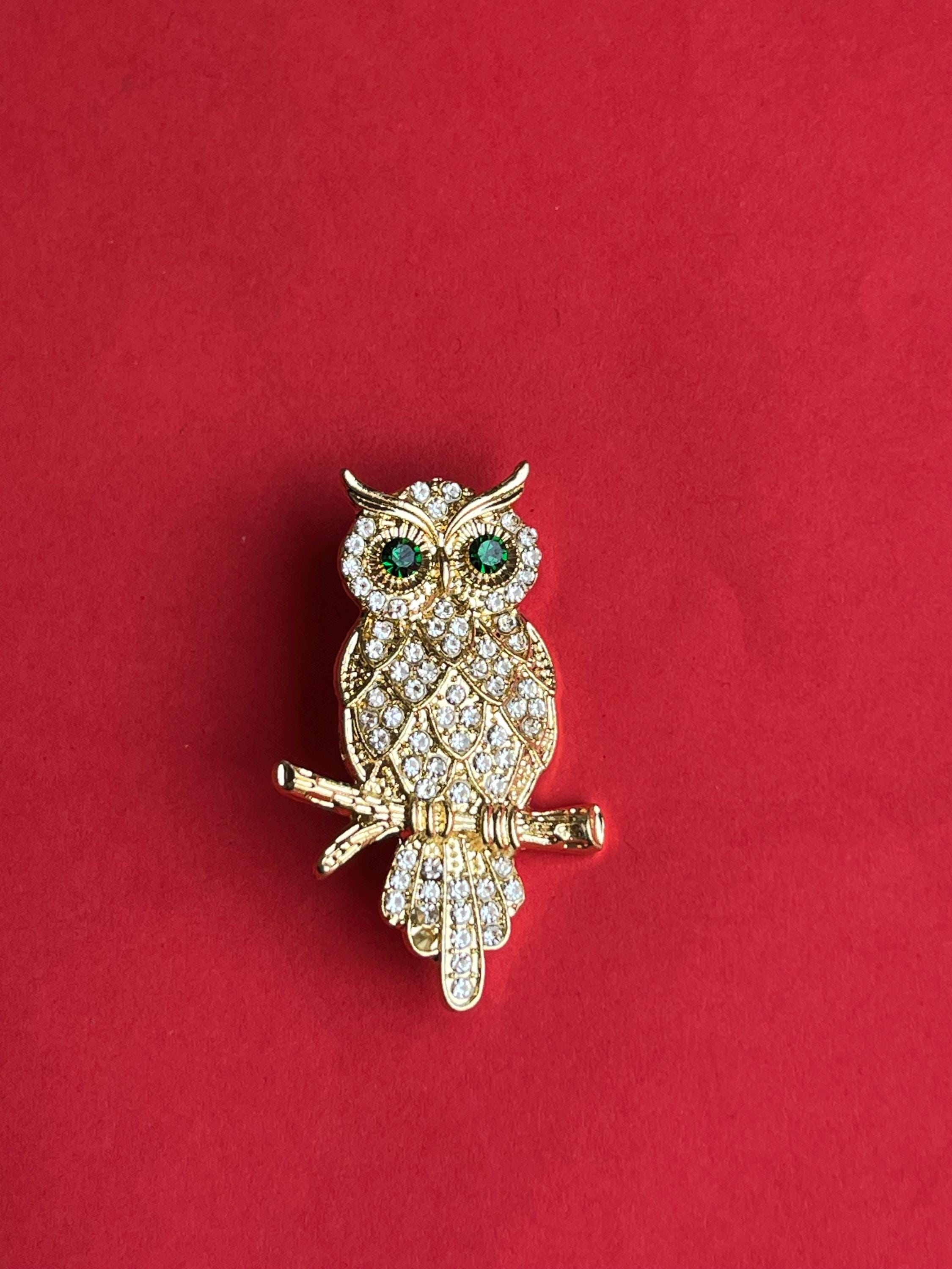 Vintage Gold Tone Owl Brooch with Green Rhinestone Eyes Statement Pin