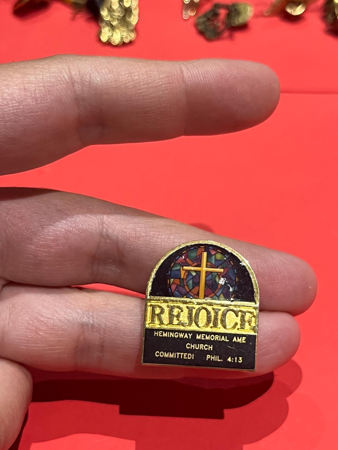 Vintage Rejoice AME Church Lapel Pin – Stained Glass Cross, Philippians ...