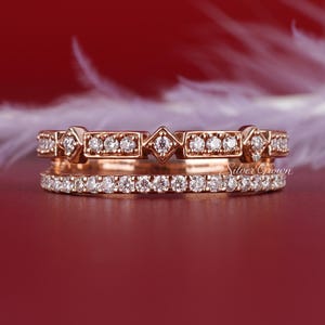 Art Deco Lab Grown Diamond Band, Geometric Double Row Pave Diamond Half Eternity Stackable Band