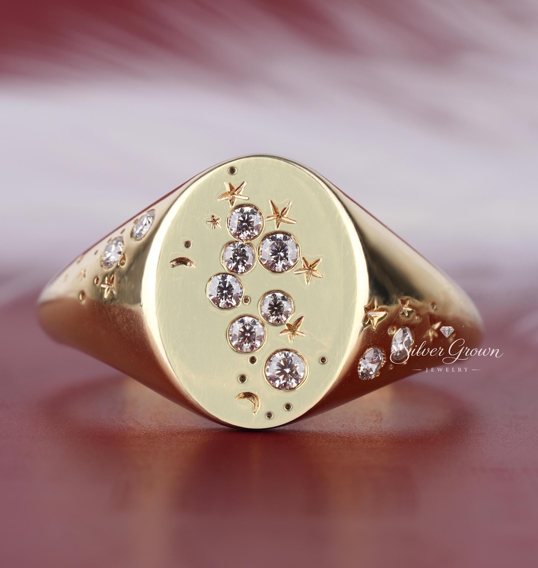 Lab Grown Diamond Signet Star Ring, Celestial Band Ring, Silver Dome ...
