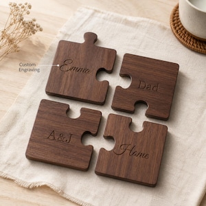 Personalized Walnut Color Puzzle Coaster Set, Custom Engraved Wooden Drink Coasters, Interlocking Wood Cup Mats, Housewarming Gift