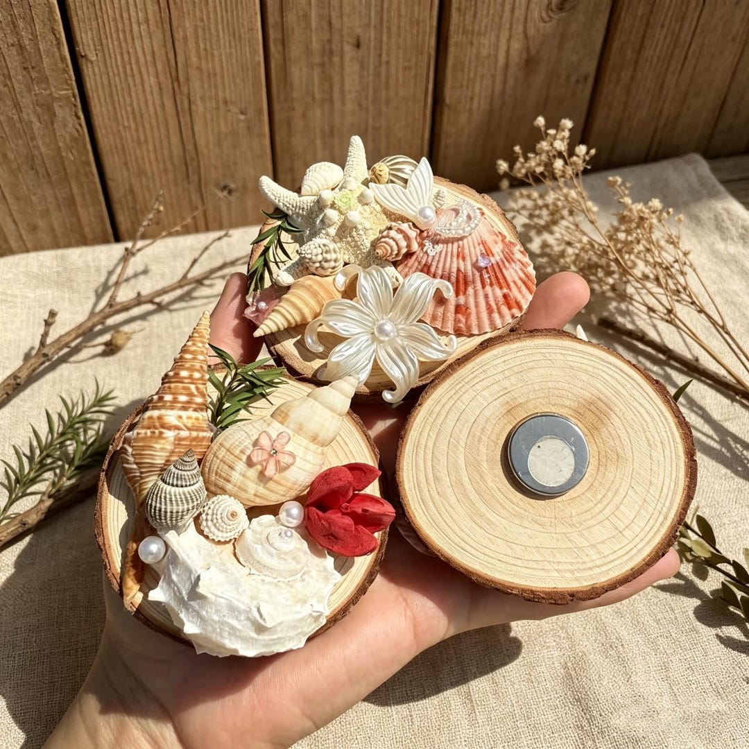 Handmade Seashell Fridge Magnet Natural Wood Slice Coastal Decor Beach ...